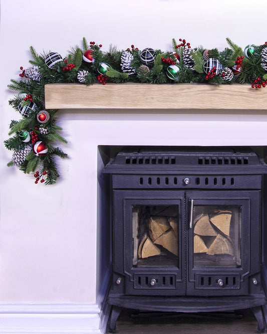 180cm Decorated Mixed Pine Garland with Red Green & Black Baubles