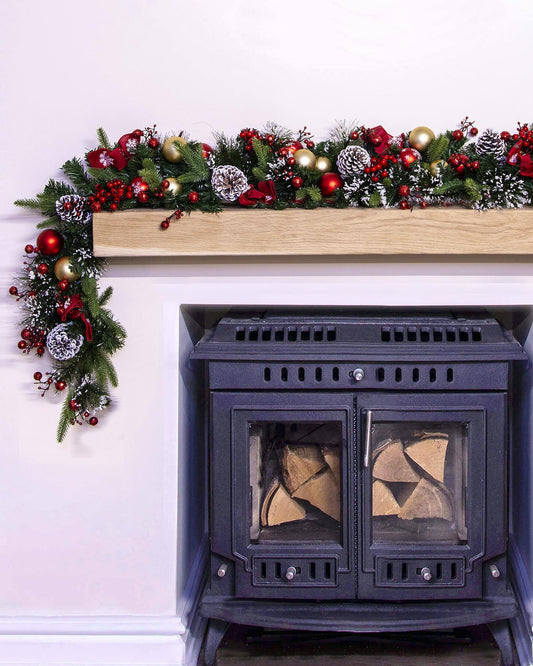 180cm Decorated Mixed Pine Garland with Red & Gold Baubles