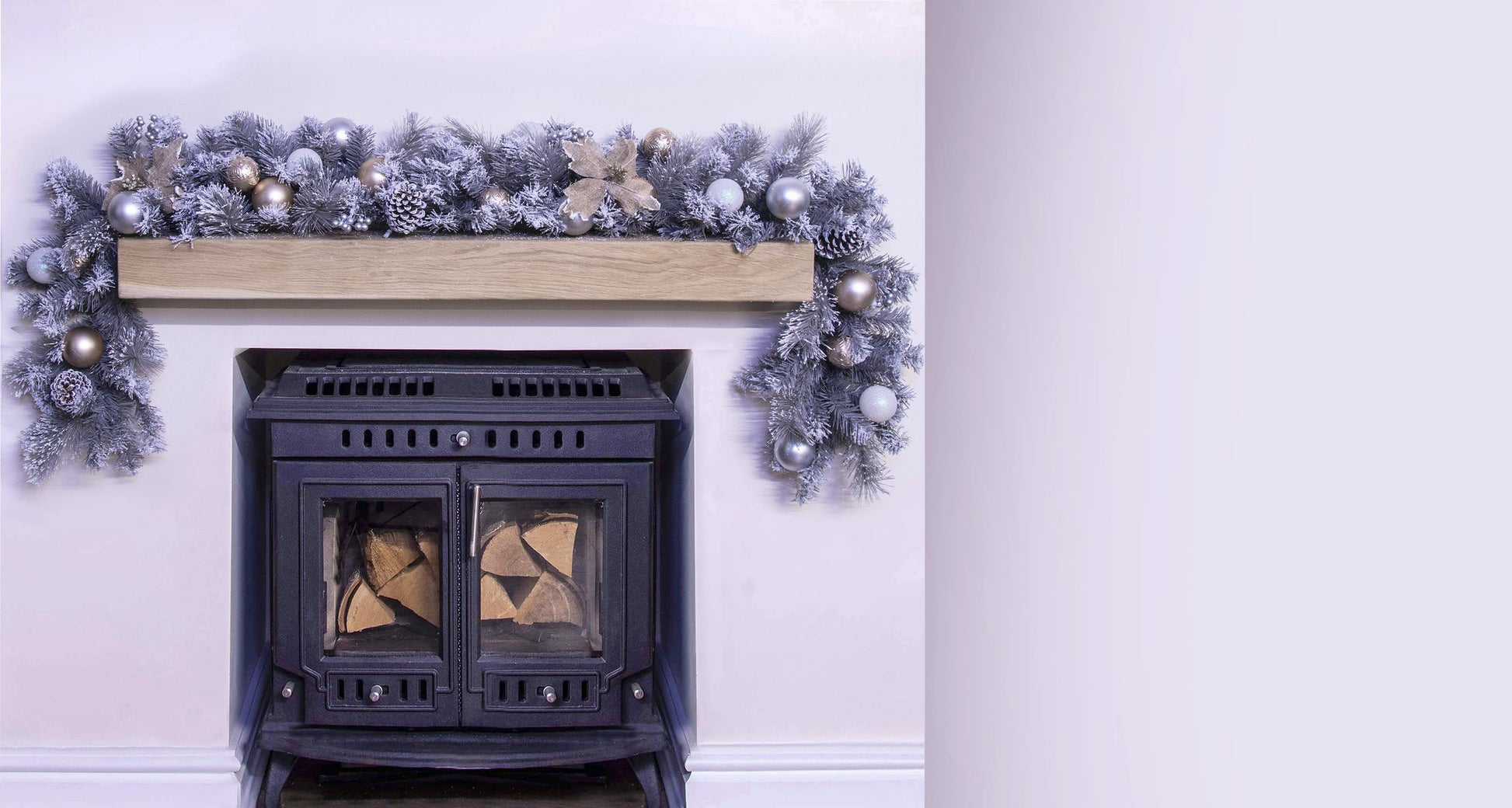 180cm Decorated Silver Mixed Pine Garland with Rose Gold Poinsettia