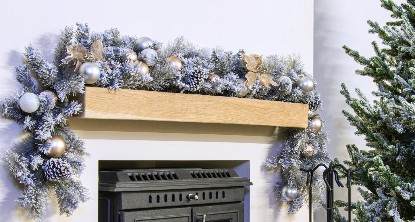 180cm Decorated Silver Mixed Pine Garland with Rose Gold Poinsettia