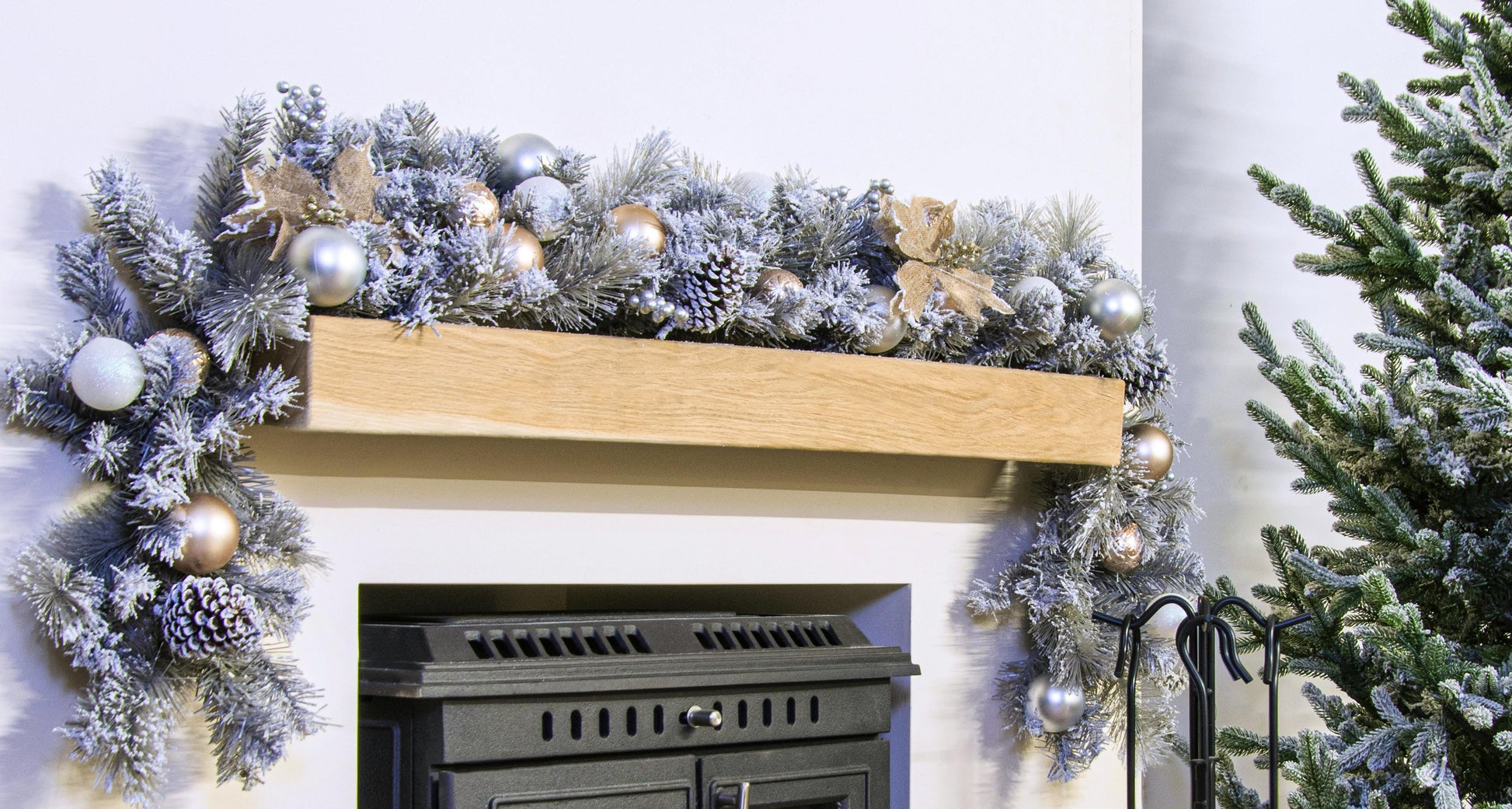 180cm Decorated Silver Mixed Pine Garland with Rose Gold Poinsettia