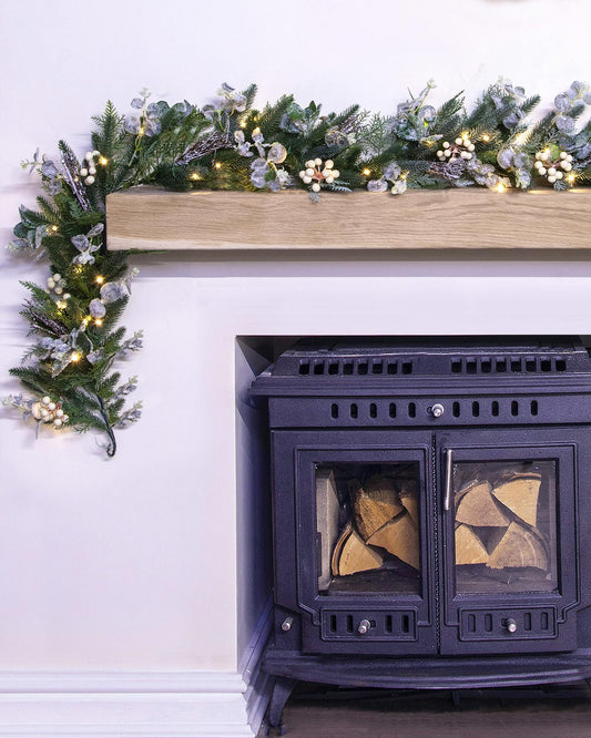 180cm Pre-lit Frosted Decorated PE Pine Garland with White Berries