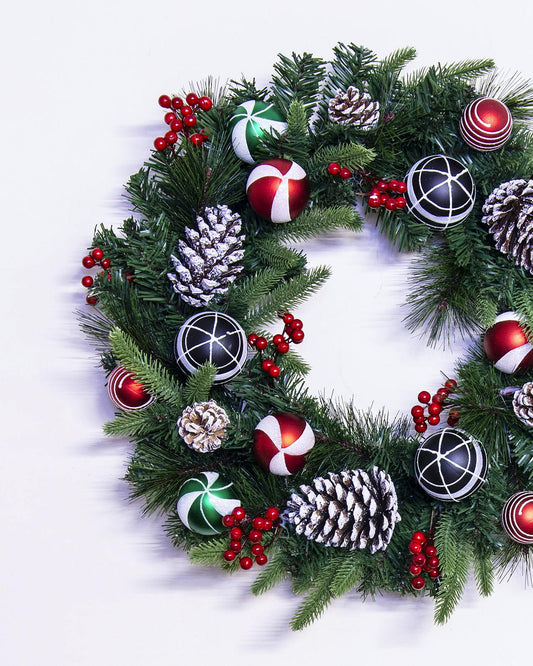 50cm Decorated Mixed Pine Wreath with Red Green & Black Baubles