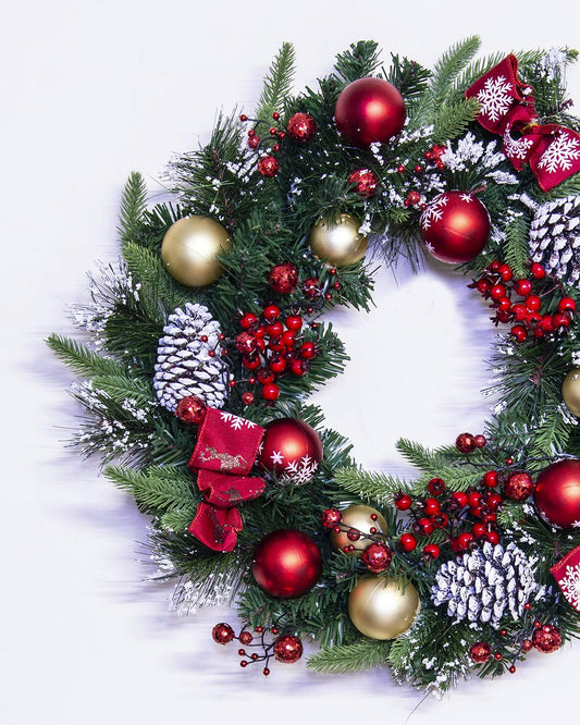 50cm Decorated Mixed Pine Wreath with Red & Gold Baubles