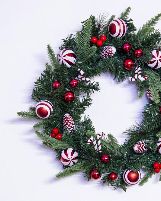 50cm Decorated Mixed Pine Wreath with Red & White Candy Canes