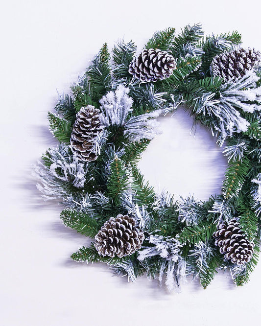 50cm Flocked Decorated Mixed Pine Wreath with Pine Cones