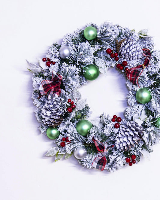 50cm Flocked Decorated Mixed Pine Wreath with Tartan Bows
