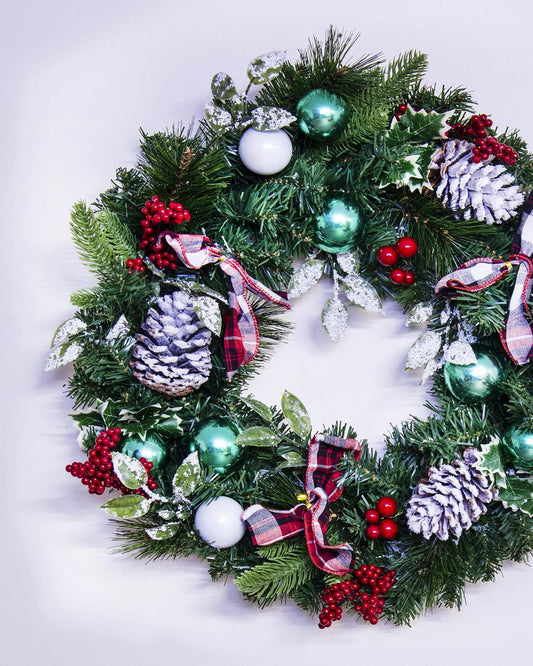 50cm Decorated Mixed Pine Wreath with Tartan Bows